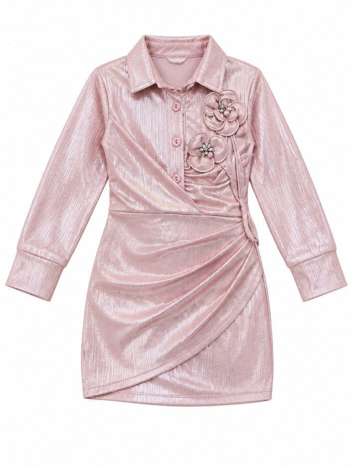 Girls Pink Floral Applique Wrap-Front Dress