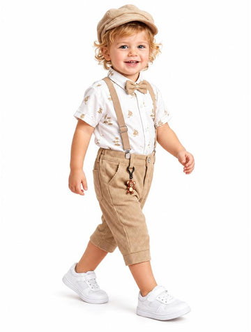 Boys Sailboat Print Shirt and Fawn Shorts Set with Bow Tie and Suspenders (Shoes Not Included)