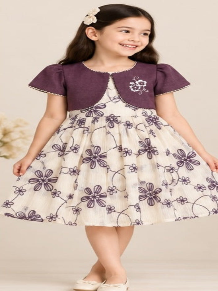 Girls purple floral party dress with embroidered bolero