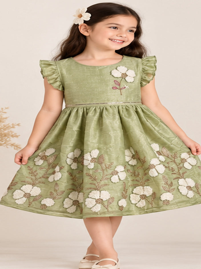 Girls green embroidered party wear frock