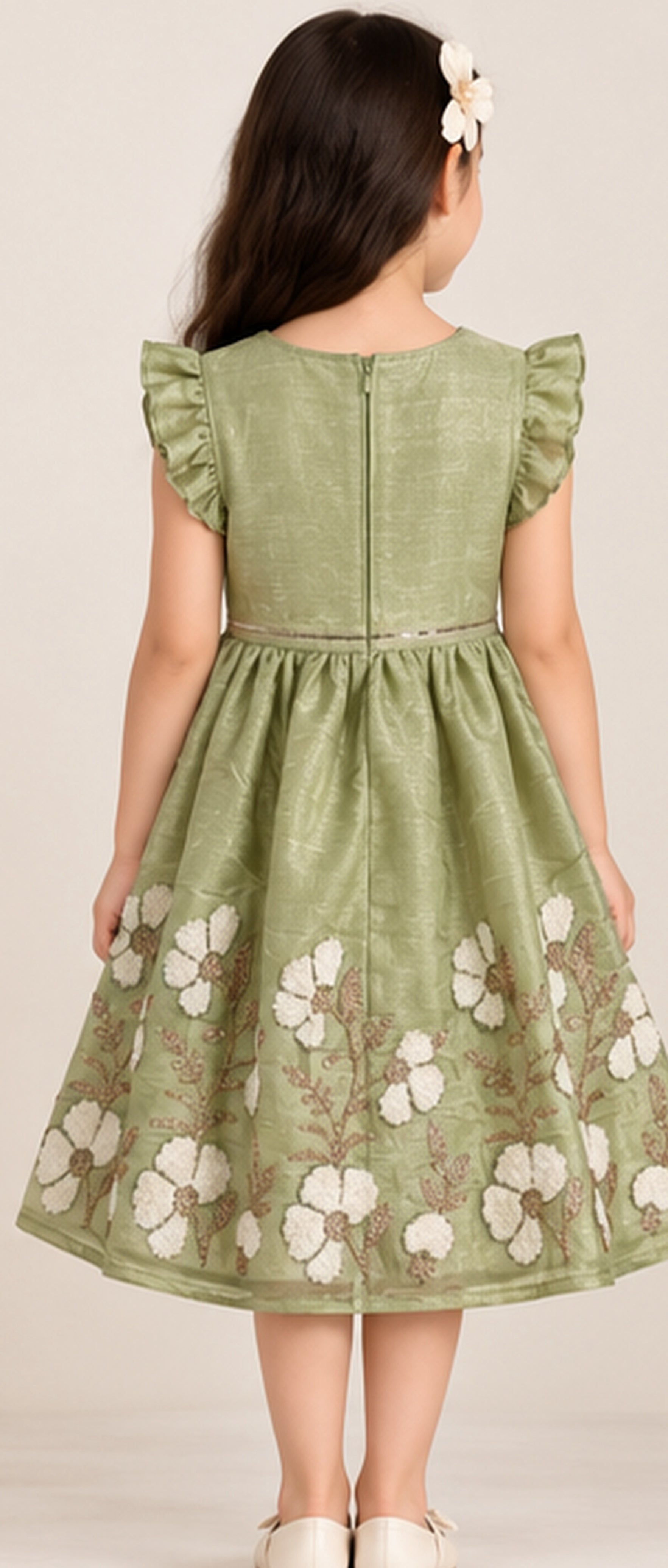 Back view of girls green embroidered frock