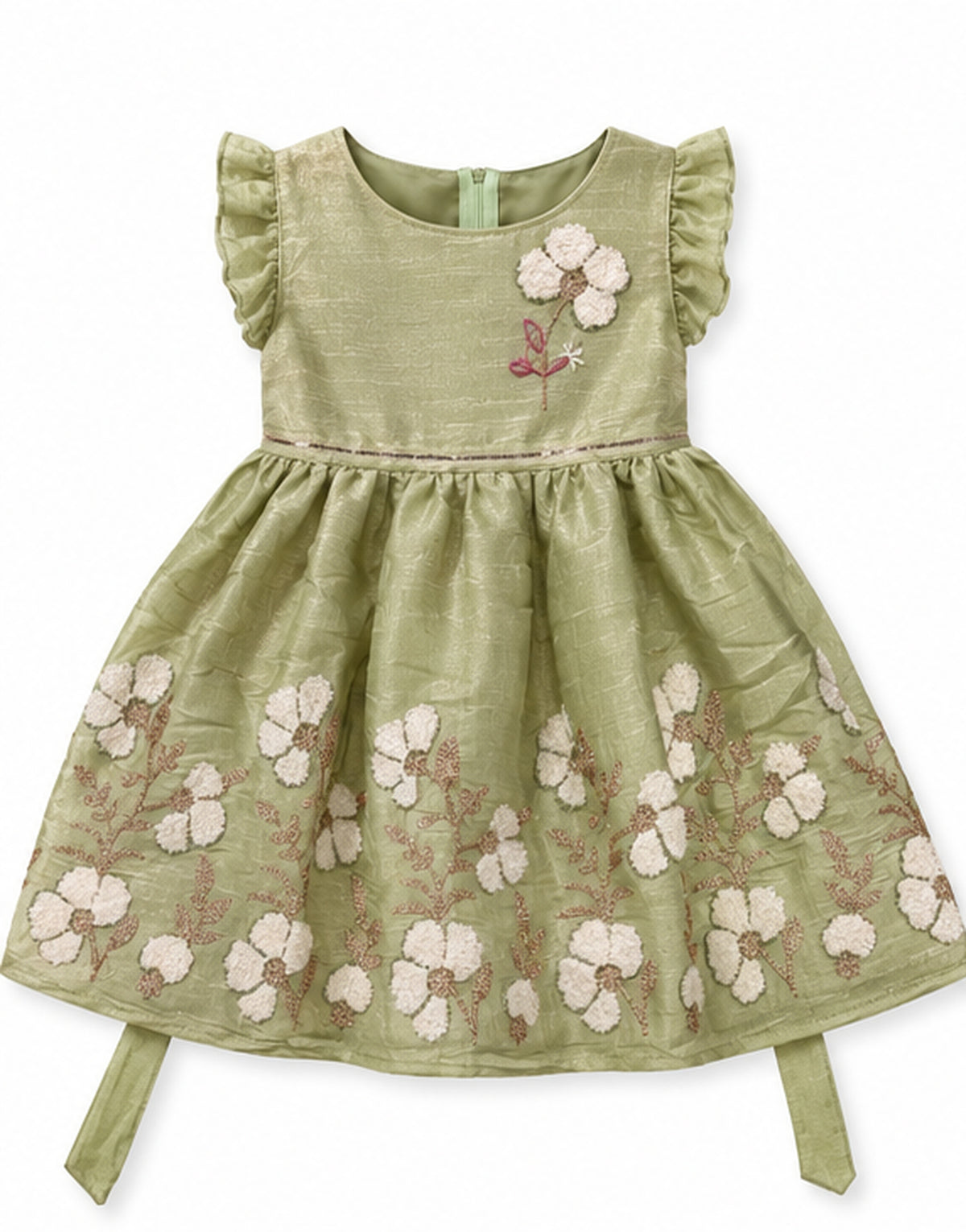 Main product view of girls green embroidered frock