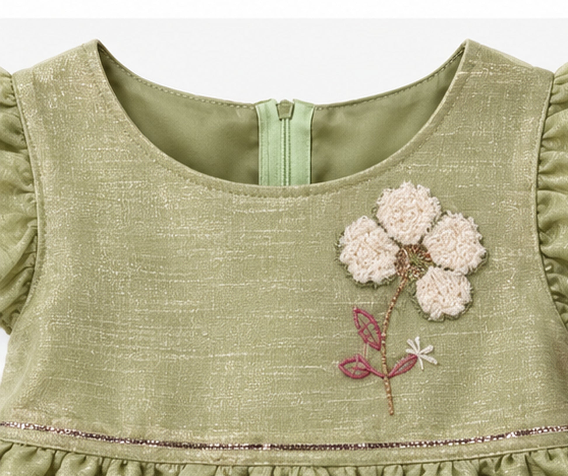 Neckline detail of girls green embroidered frock