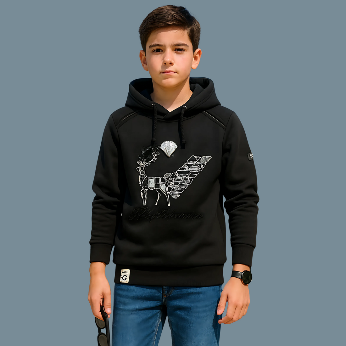 Boys Trending Cotton Black Print Hoodie T-Shirt