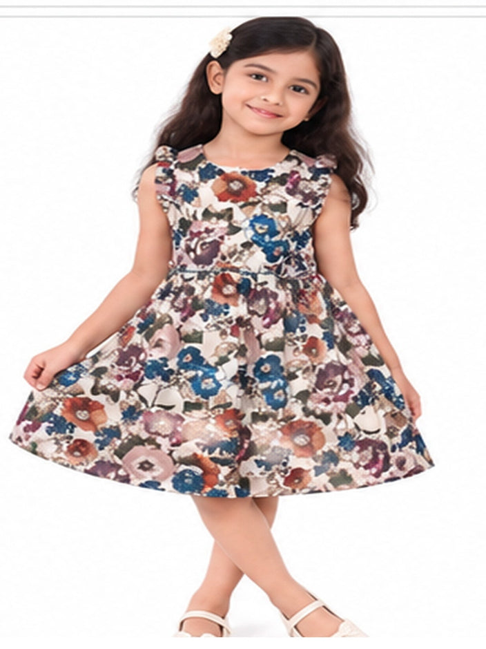 Girls fawn floral printed cotton frock
