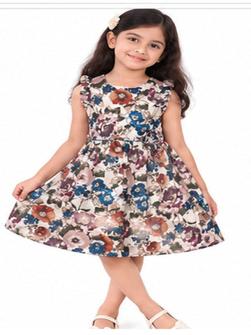 Girls fawn floral printed cotton frock