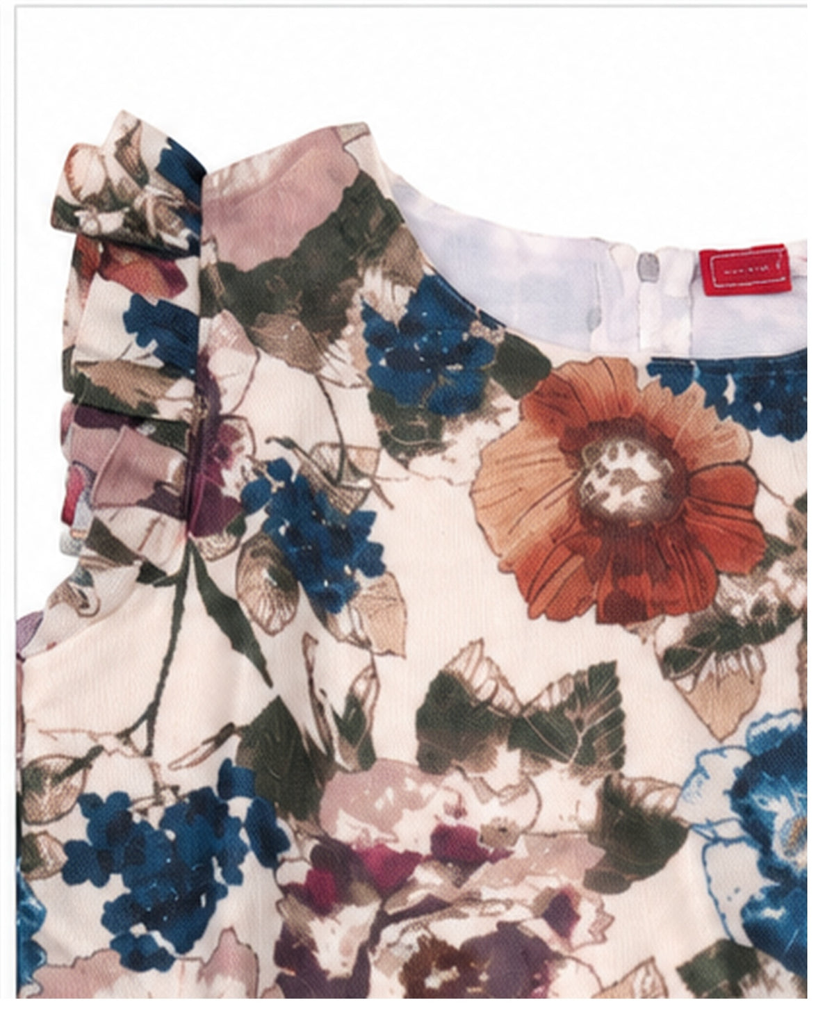 Neckline detail of girls fawn floral frock