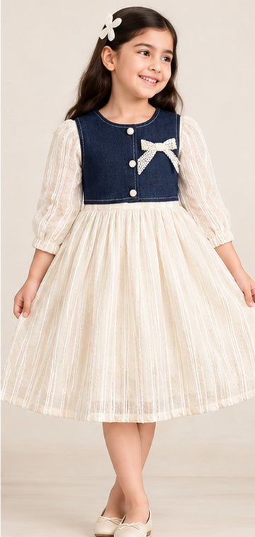 Girls blue party wear dress with denim waistcoat and flared skirt