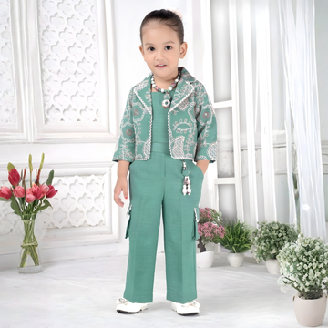 Green Embroidered Pant Set With Jacket For Girls