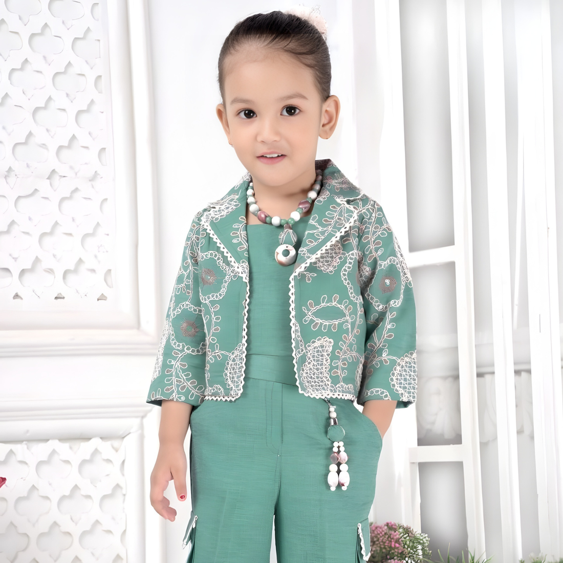Green Embroidered Pant Set With Jacket For Girls