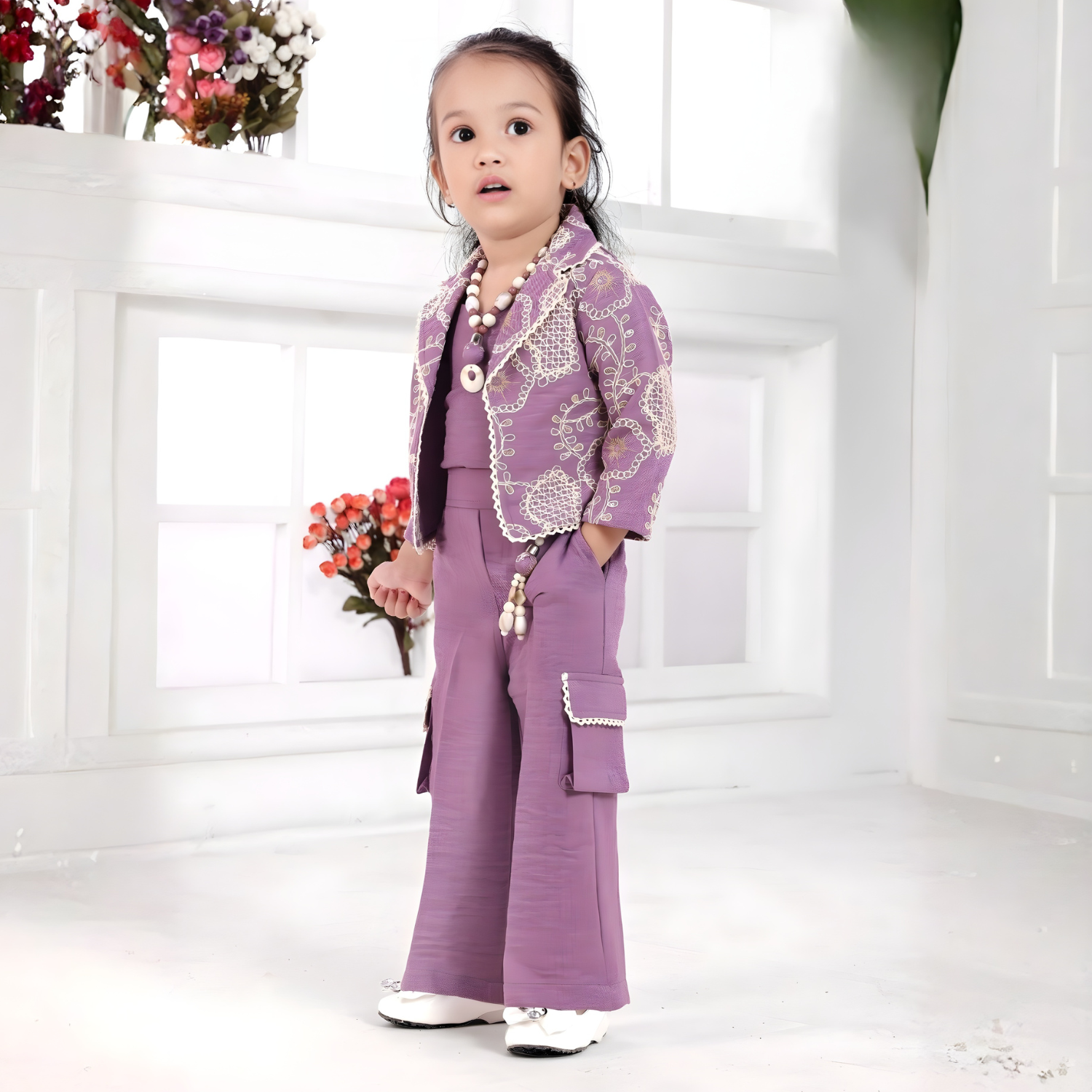 Purple Embroidered Pant Set With Jacket For Girls