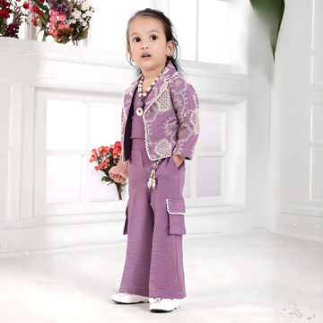 Purple Embroidered Pant Set With Jacket For Girls
