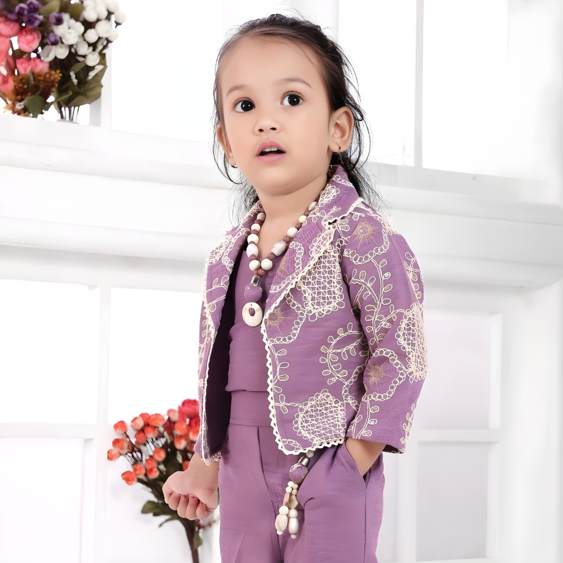 Purple Embroidered Pant Set With Jacket For Girls