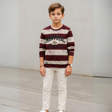Boys Maroon Full Sleeve Striped Sweat T-shirt