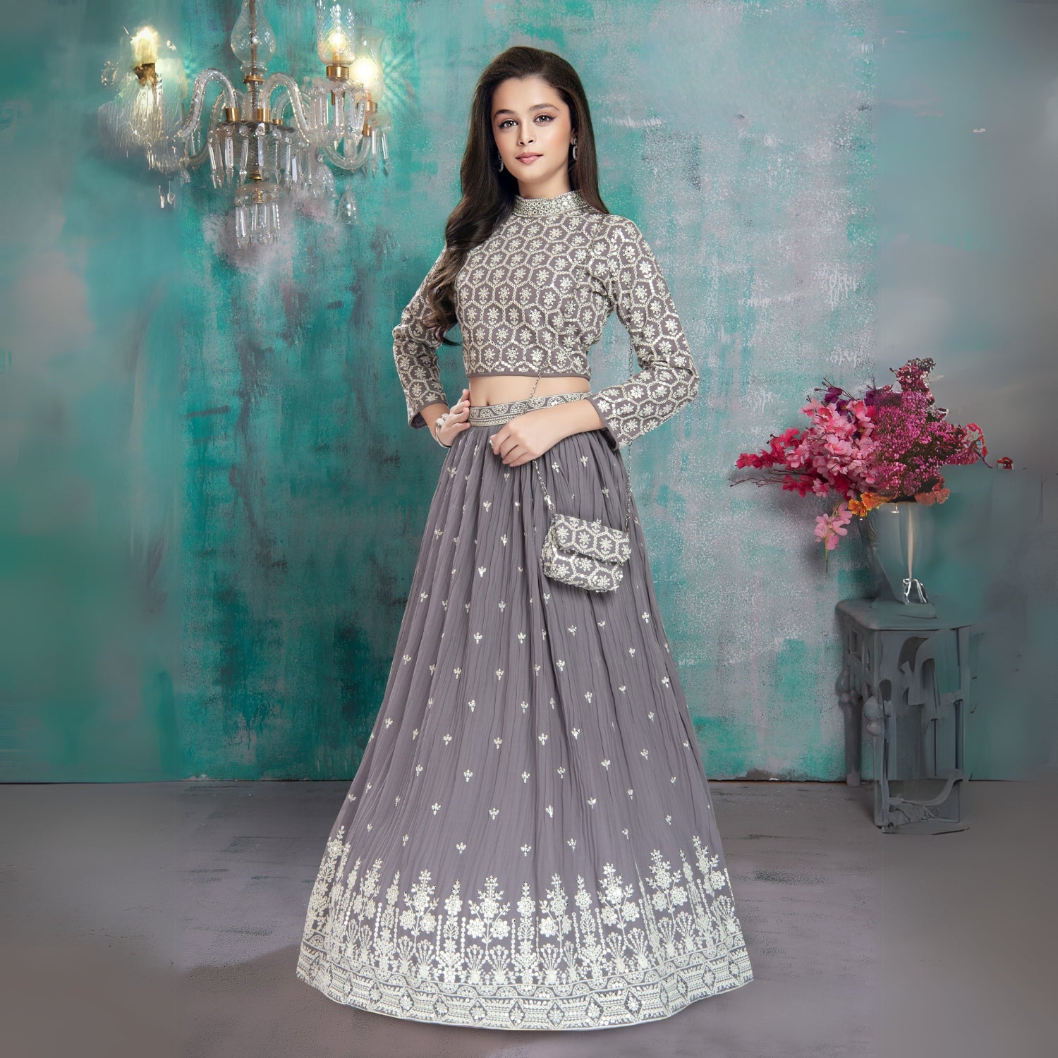 Light purple zari worked silk lehenga choli