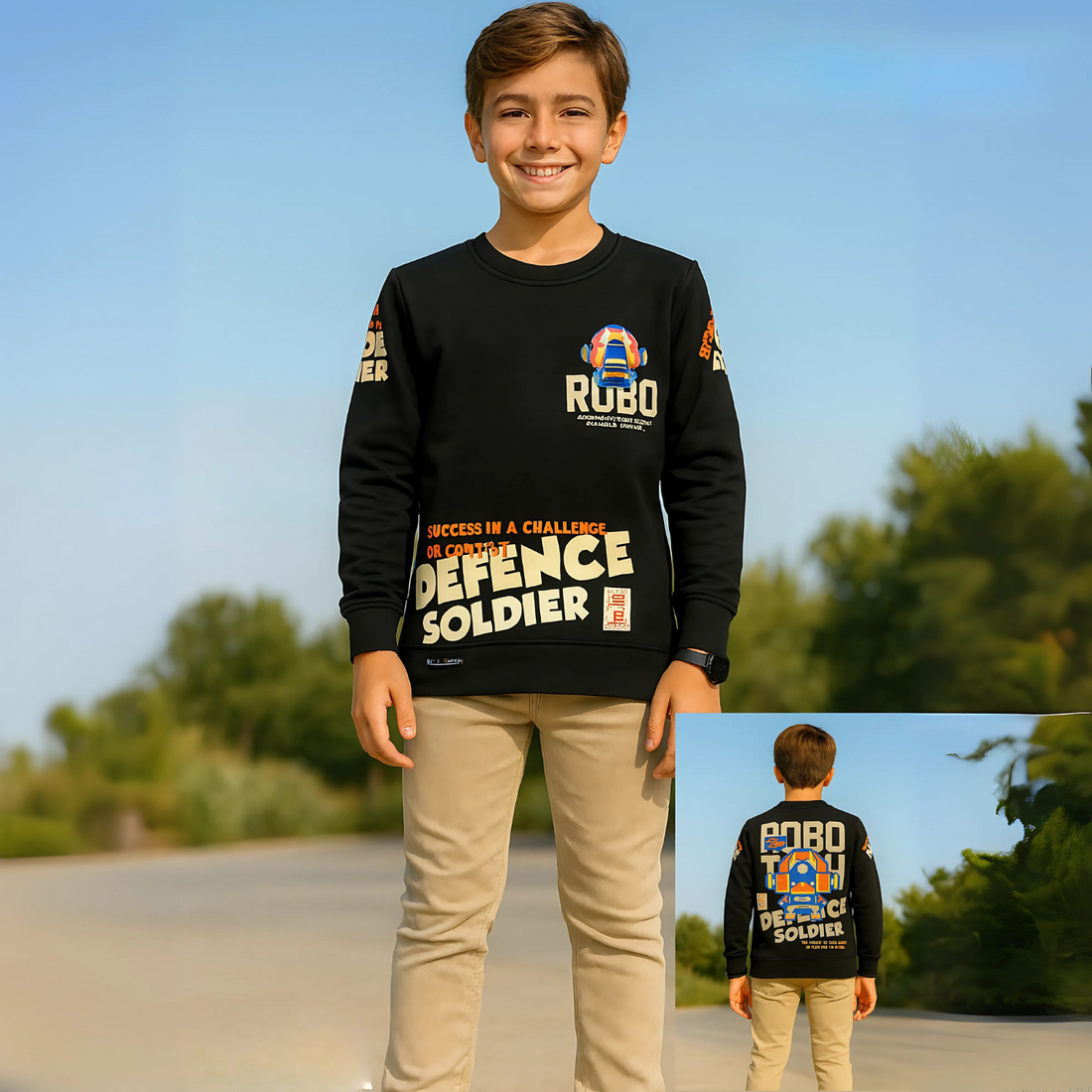 Boys Black Round Neck Full Sleeves T-Shirt