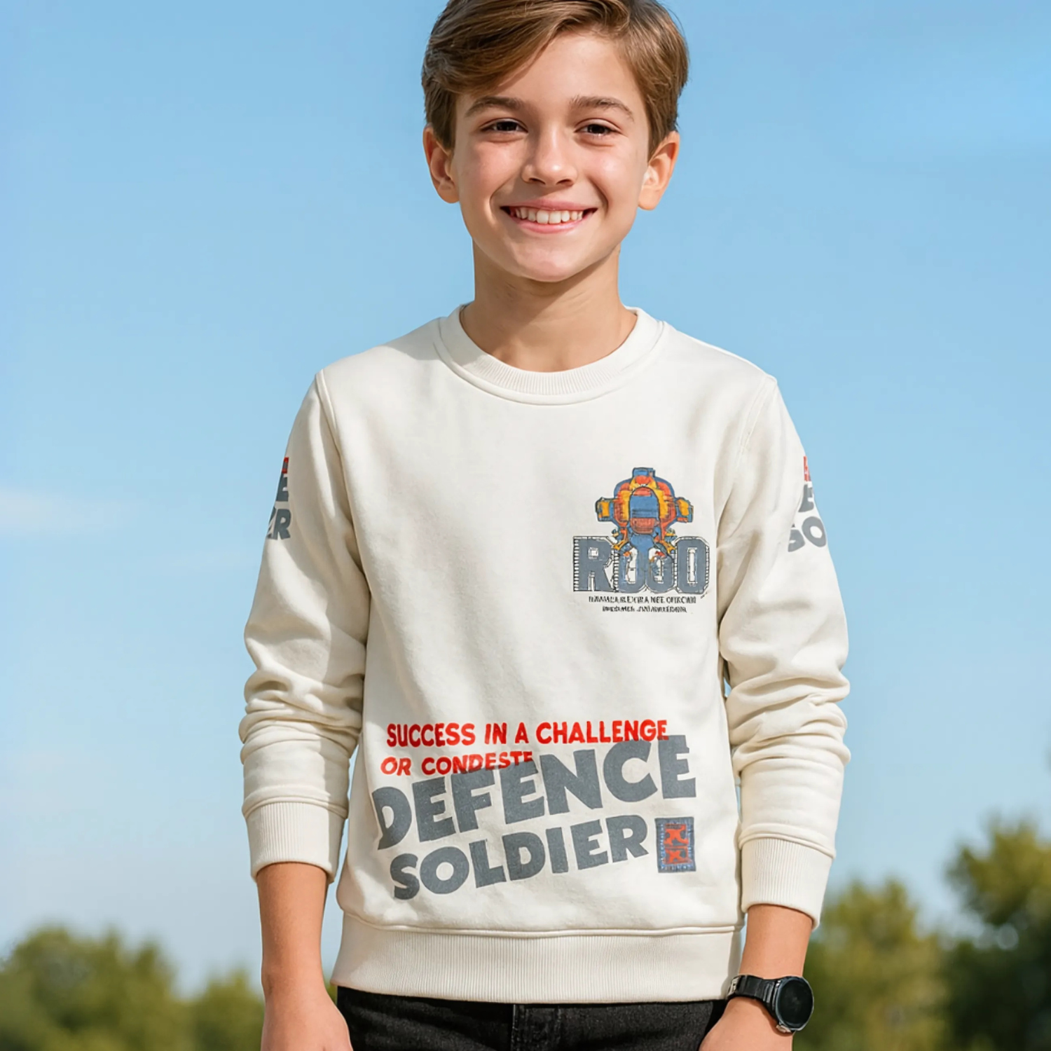 Boys White Round Neck Full Sleeves T-Shirt