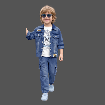 Dark Blue Blazer with White Printed ,T-Shirt And Pant Set For Boys