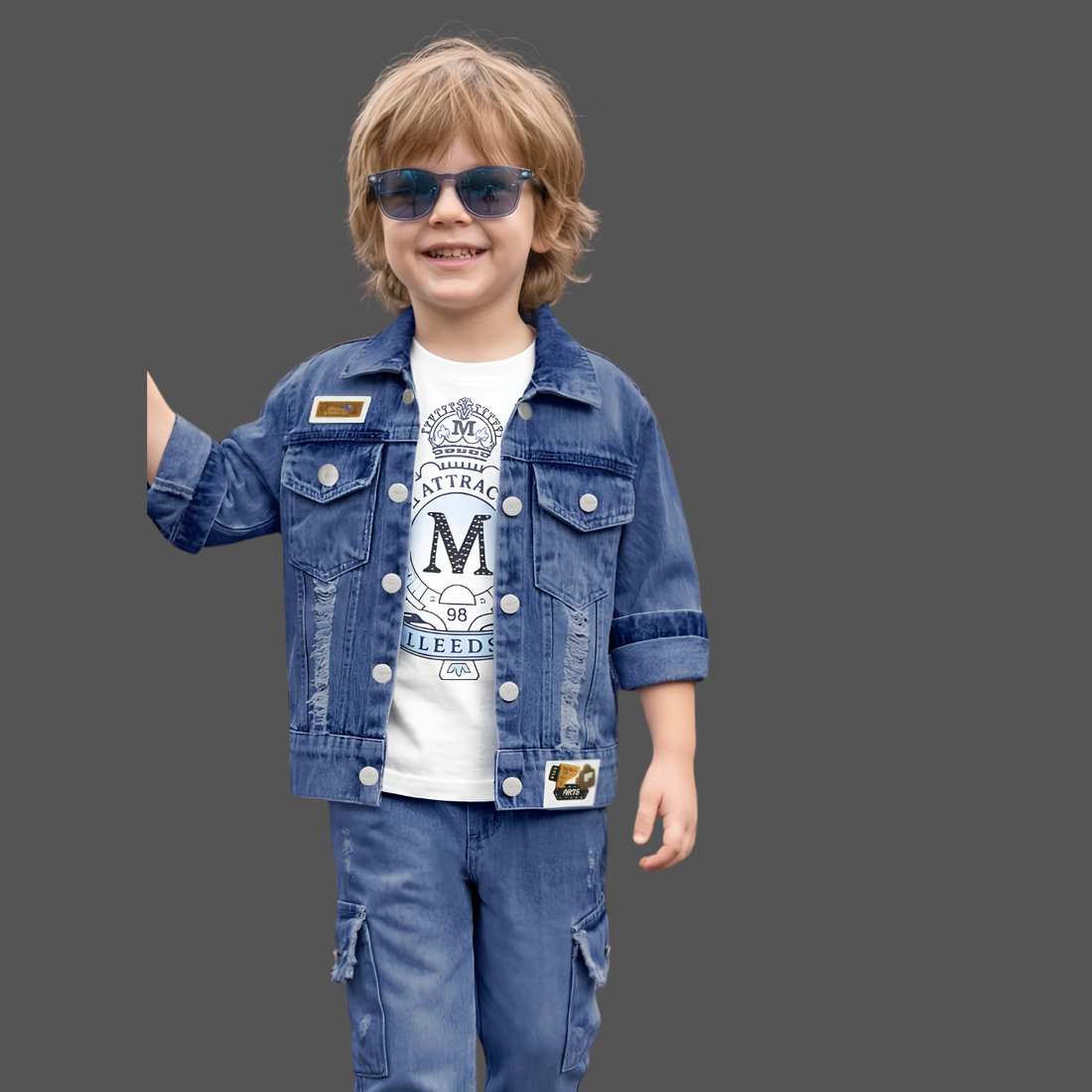Dark Blue Blazer with White Printed ,T-Shirt And Pant Set For Boys