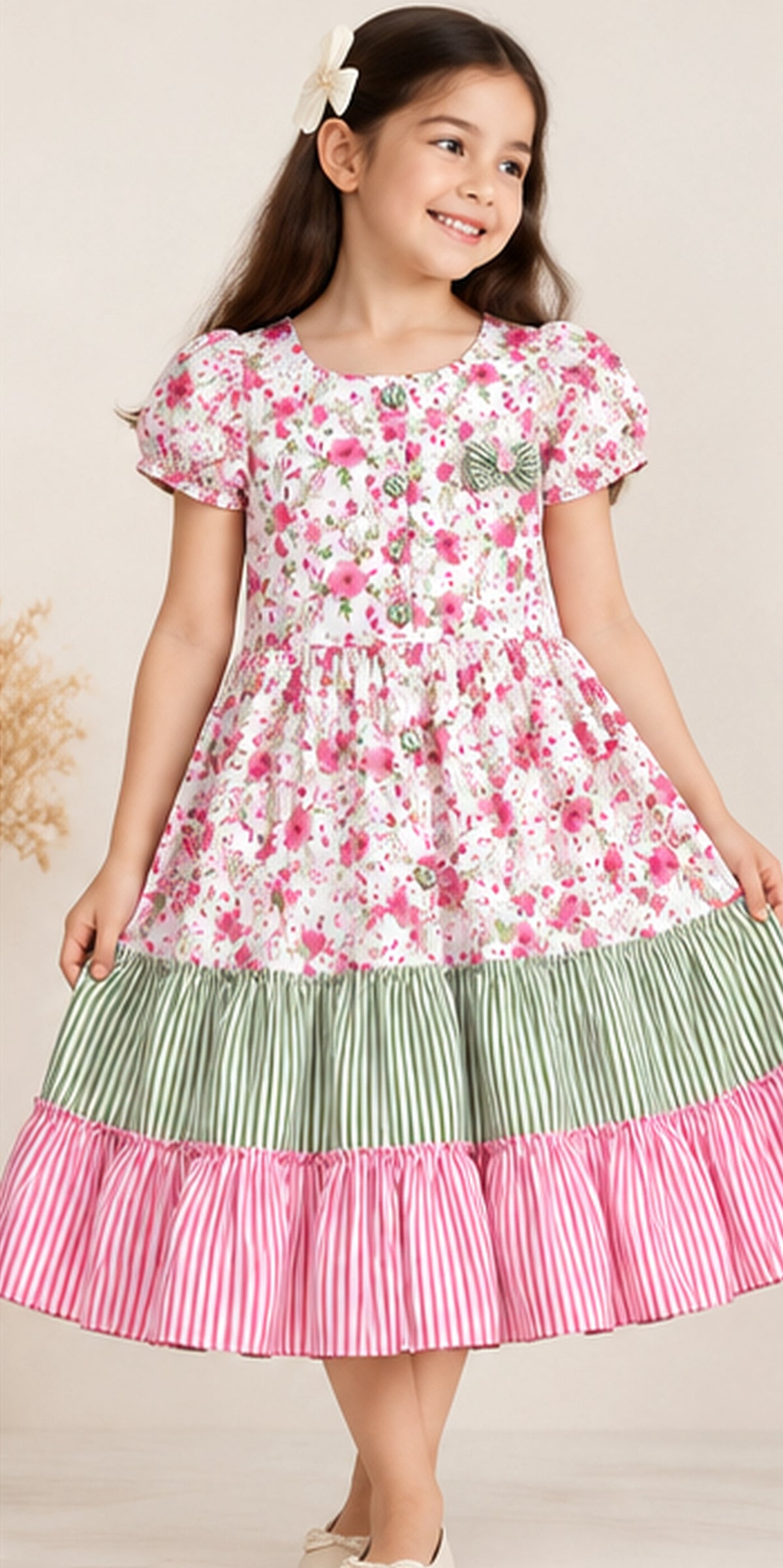 Front model view of girls gray floral dress