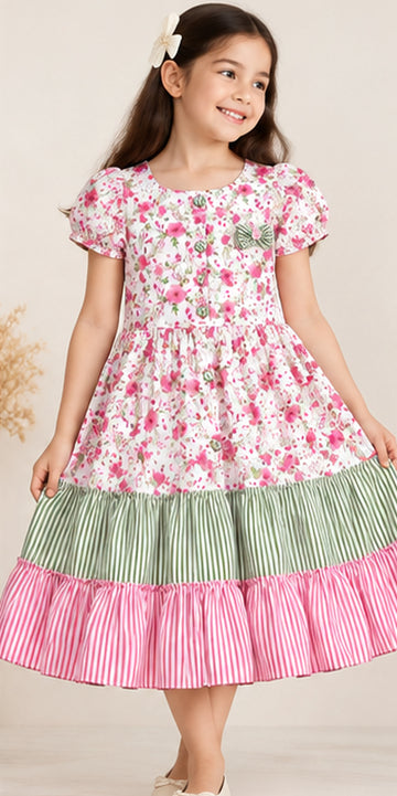 Front model view of girls gray floral dress
