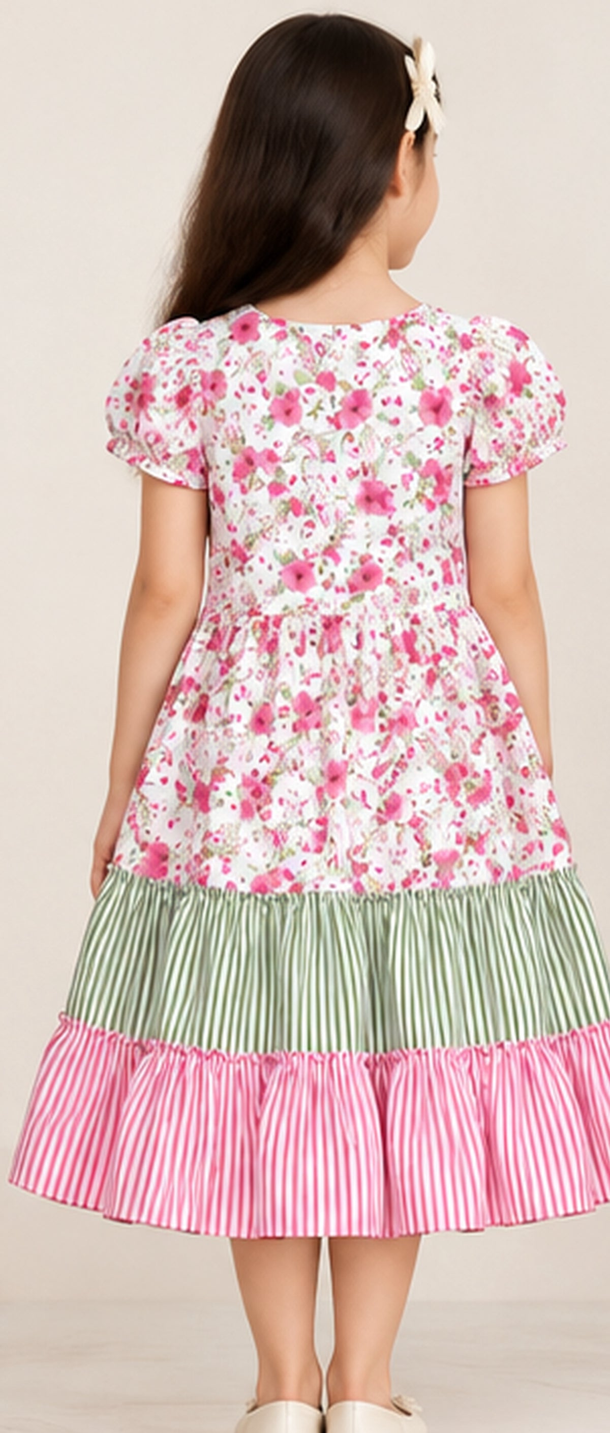 Back view of girls gray floral dress