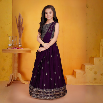 Rich Purple Embroidered Kids Lehenga Choli Set for Girls