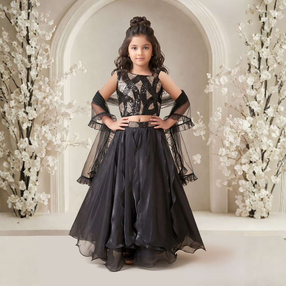 Black Sequin Work Blouse WIth Unique Style Organza Lehenga Choli