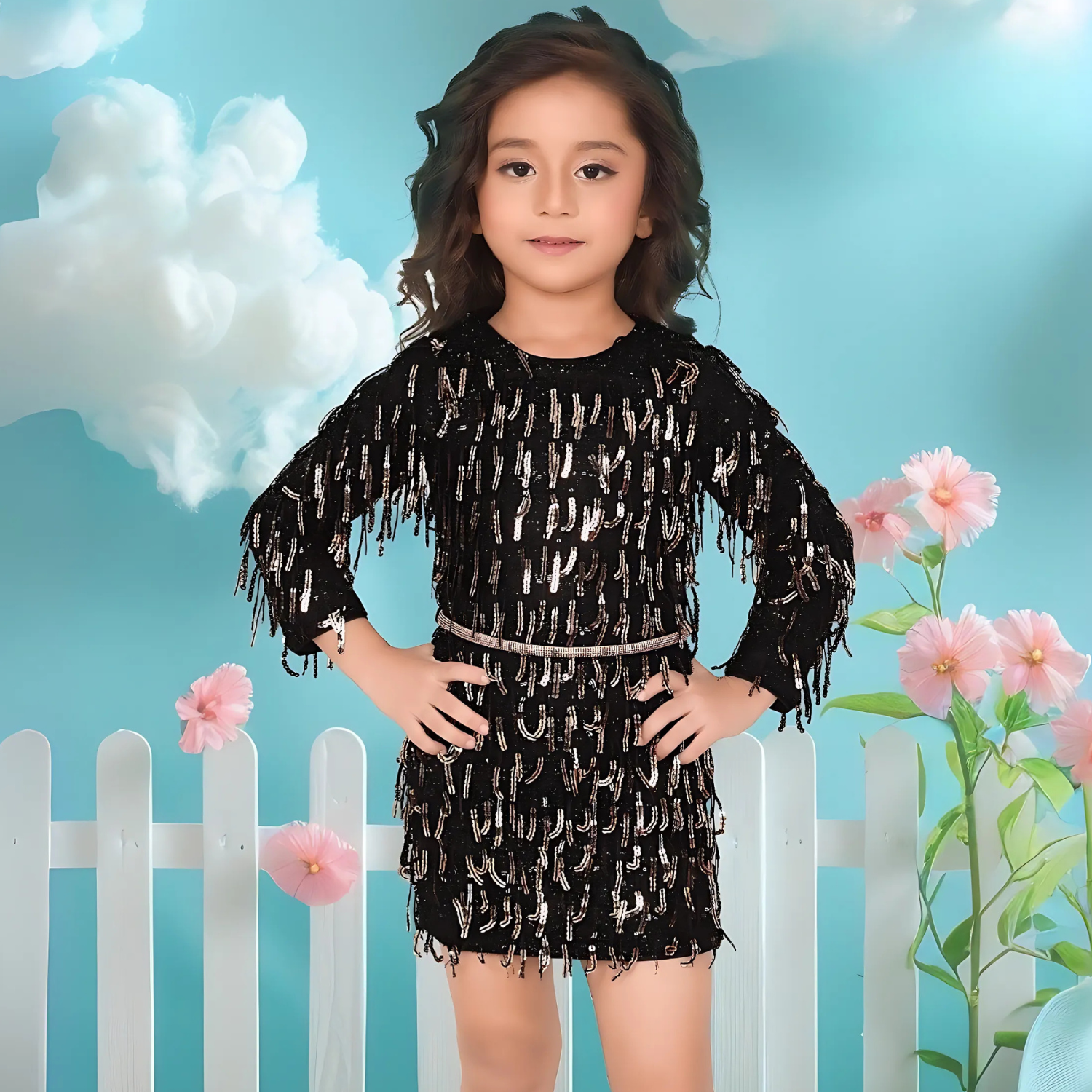Girls Black Knee Length Western Frock