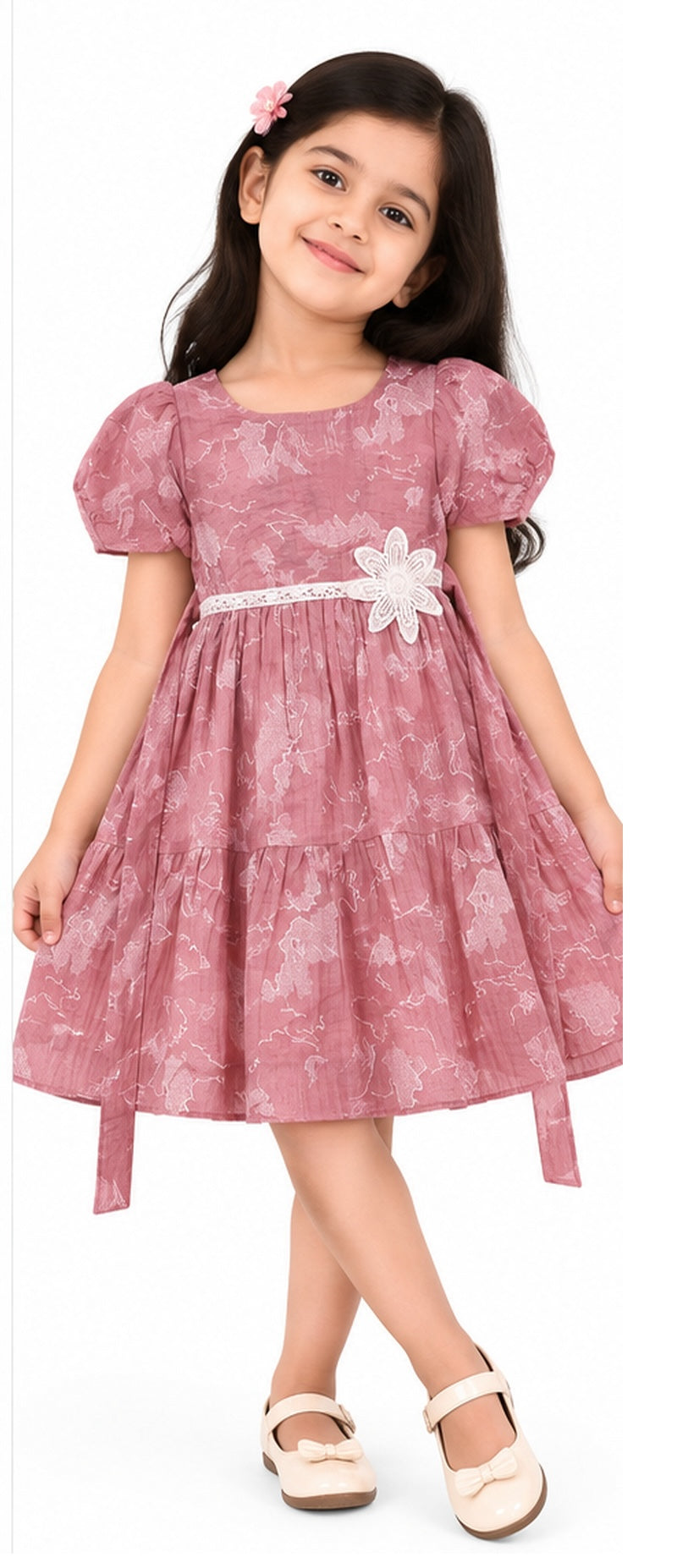 Girls pink printed cotton frock with flower waist detail