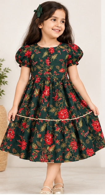 Girls green pure cotton floral tiered dress
