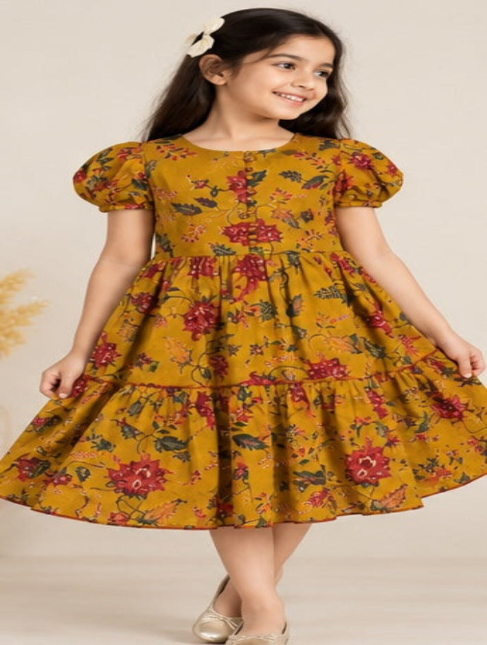 Girls mustard pure cotton floral tiered dress
