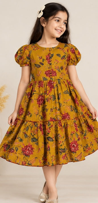 Girls mustard pure cotton floral tiered dress