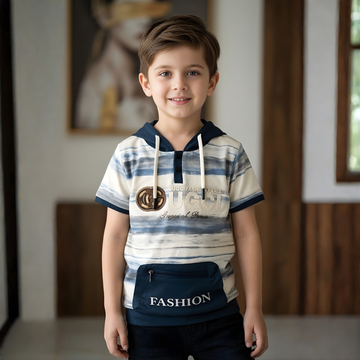 Boys Blue Printed Hooded Half Sleeve T-Shirt