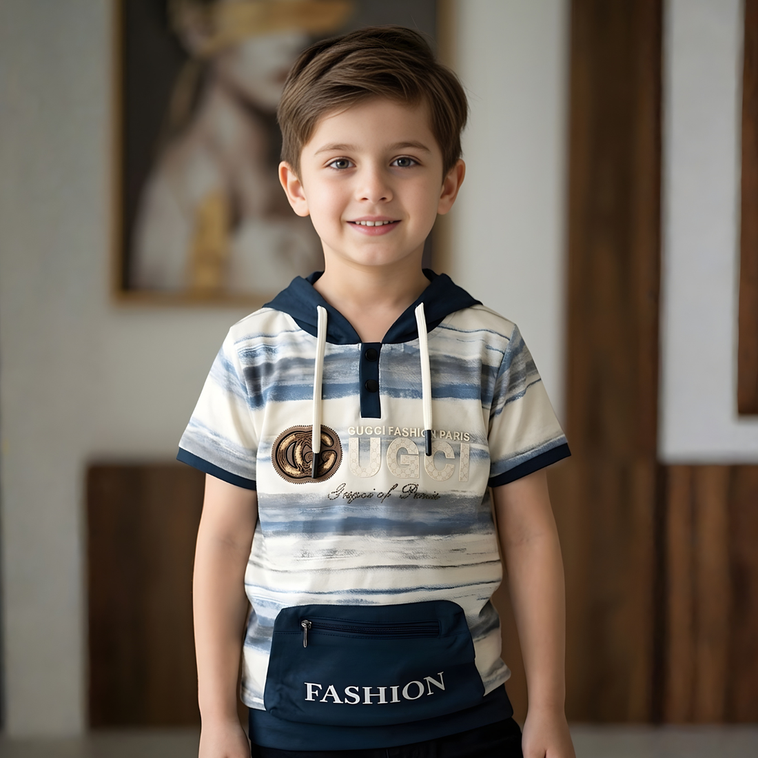 Boys Blue Printed Hooded Half Sleeve T-Shirt