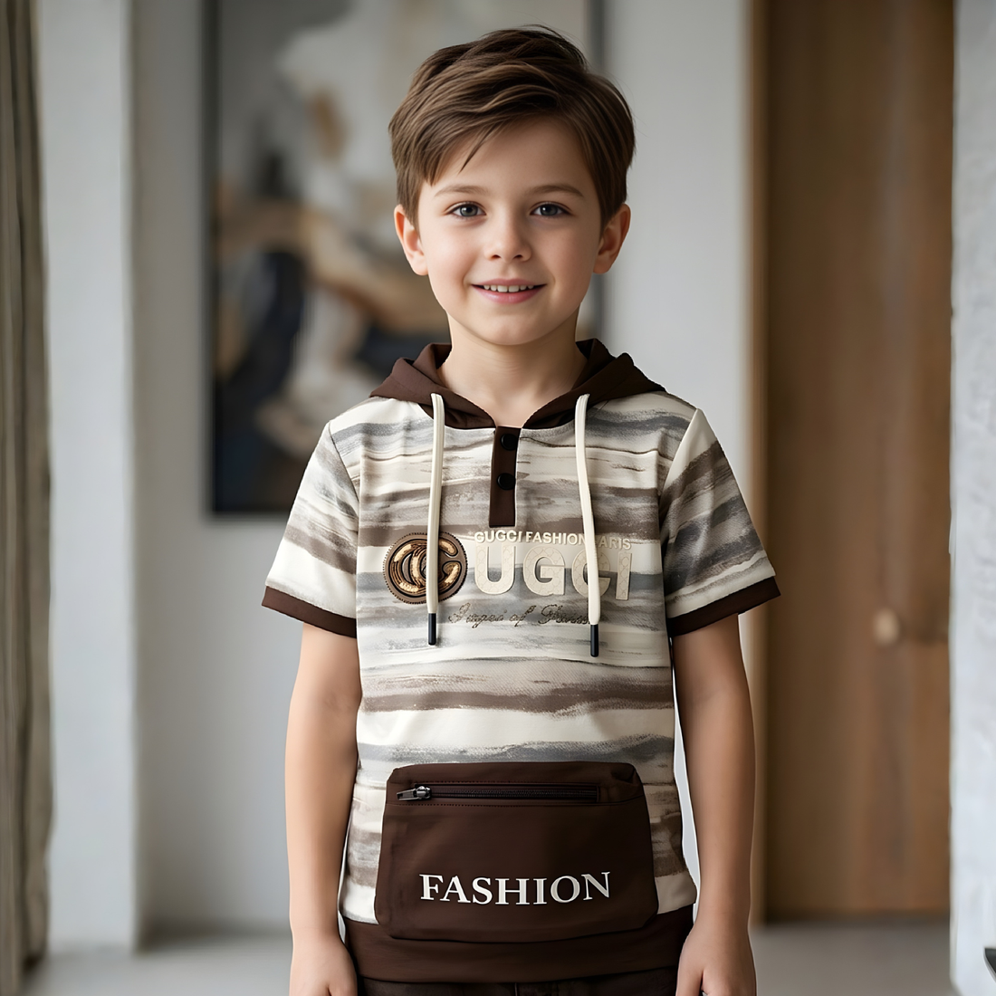 Boys Brown Printed Hooded Half Sleeve T-Shirt