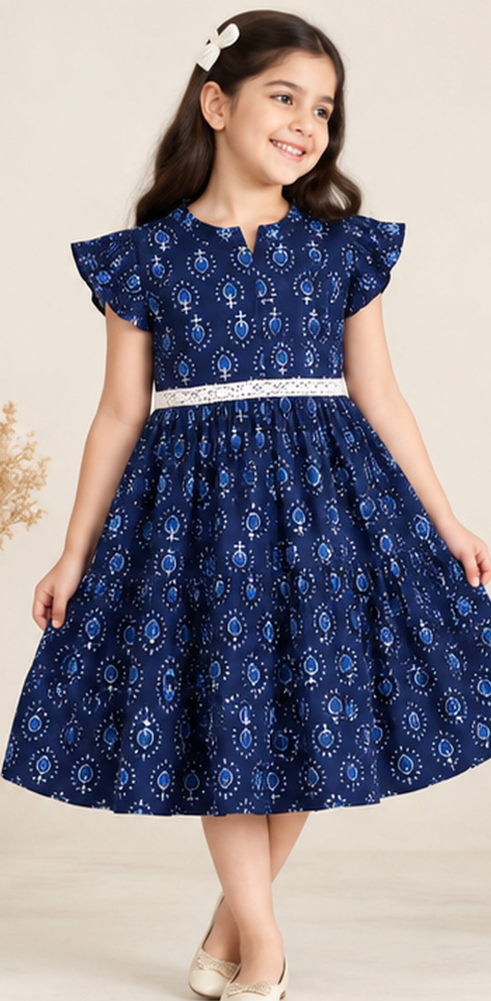 Girls blue printed cotton frock with flutter sleeves