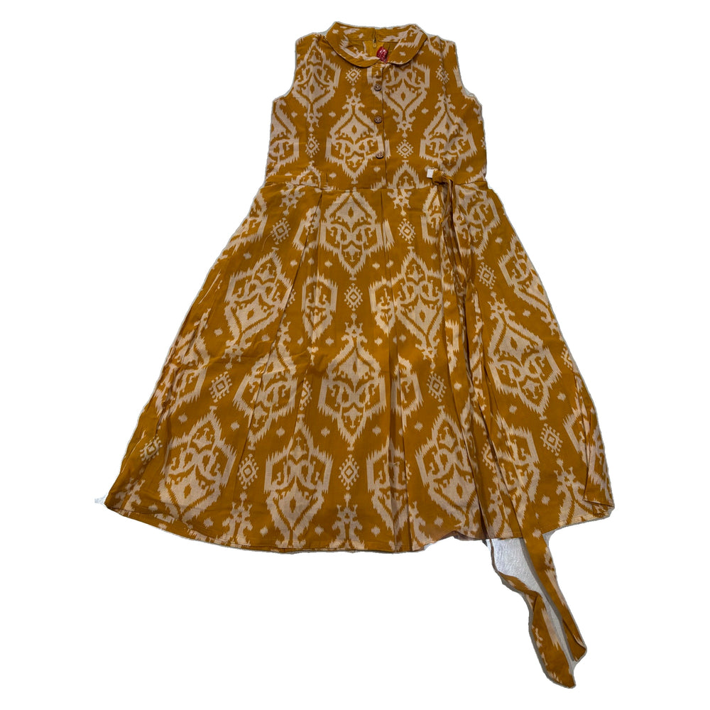 Girls mustard yellow printed A-line dress with Peter Pan collar