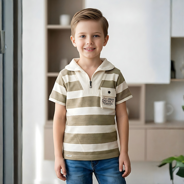 Trendy Boys Khaki Striped Polo T-Shirt