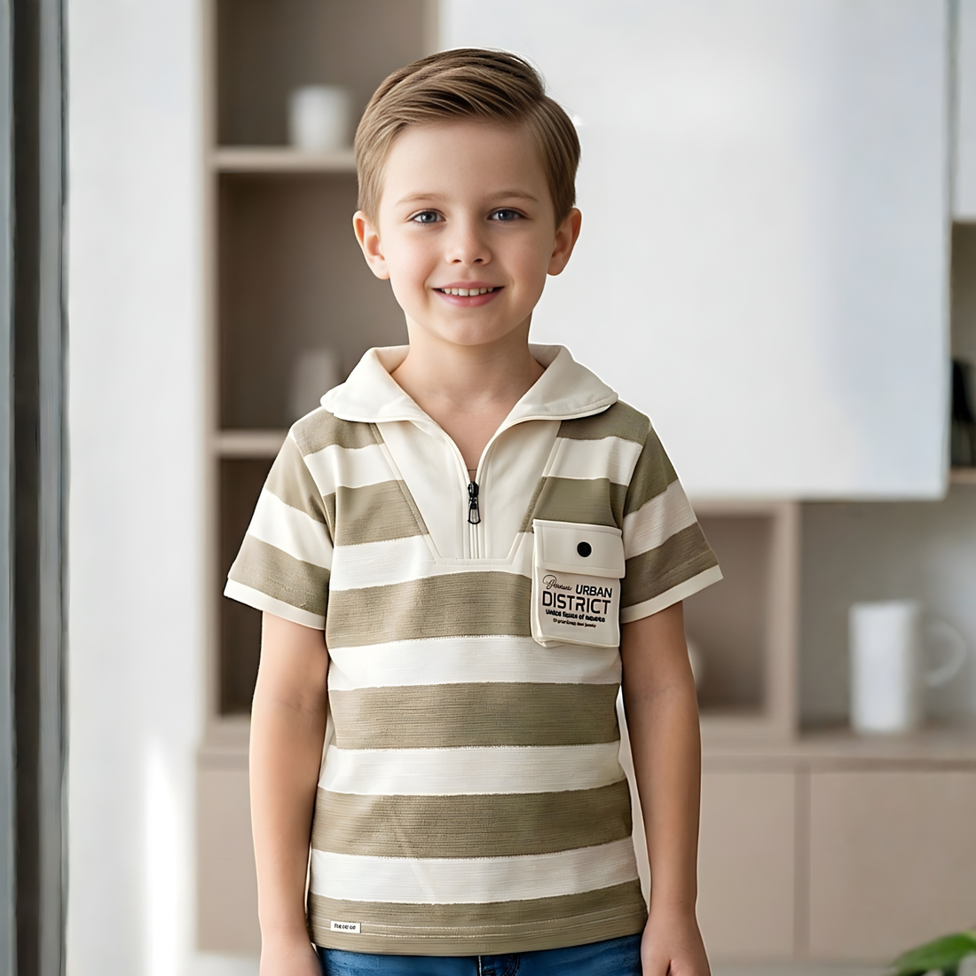 Trendy Boys Khaki Striped Polo T-Shirt