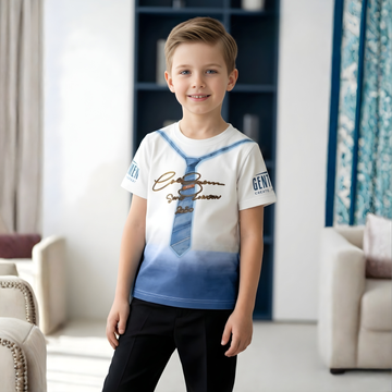 Boys White Tie Printed Round Neck T-Shirt