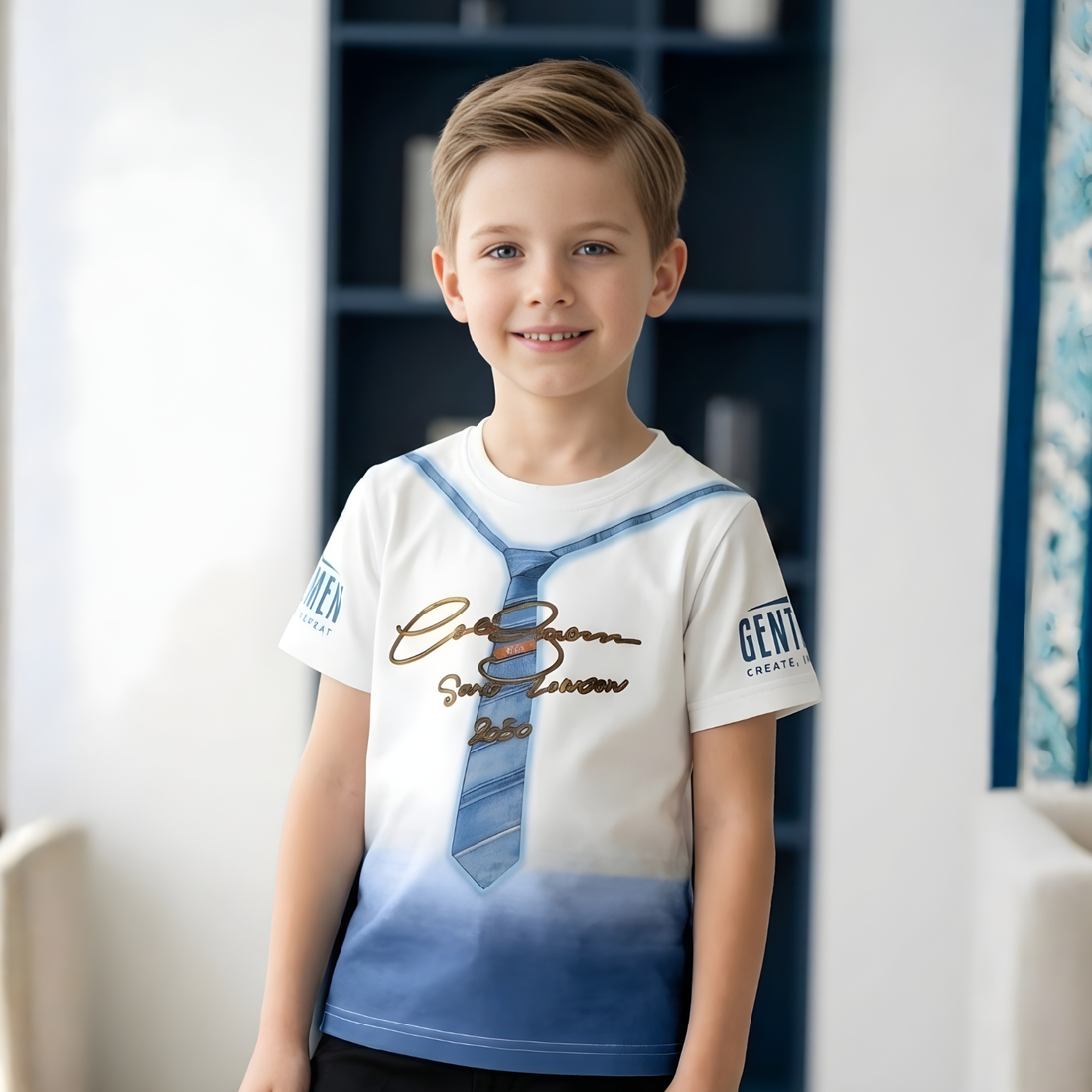 Boys White Tie Printed Round Neck T-Shirt