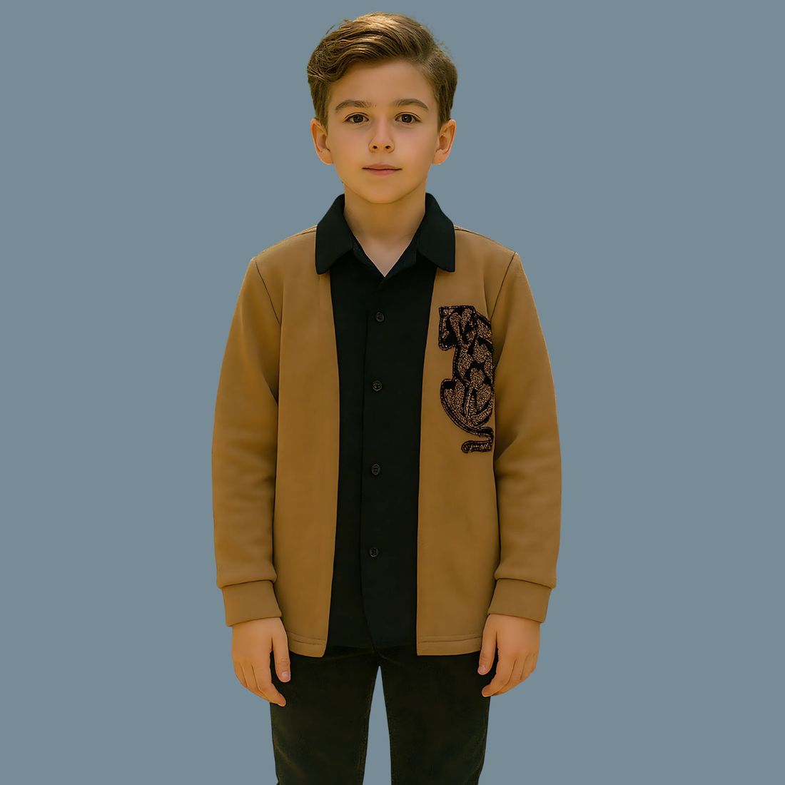 Boys Khaki Stylish Party Jacket Style T-Shirt