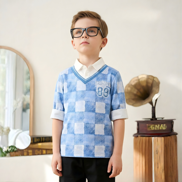 Boys Blue Checked Cotton T- Shirt