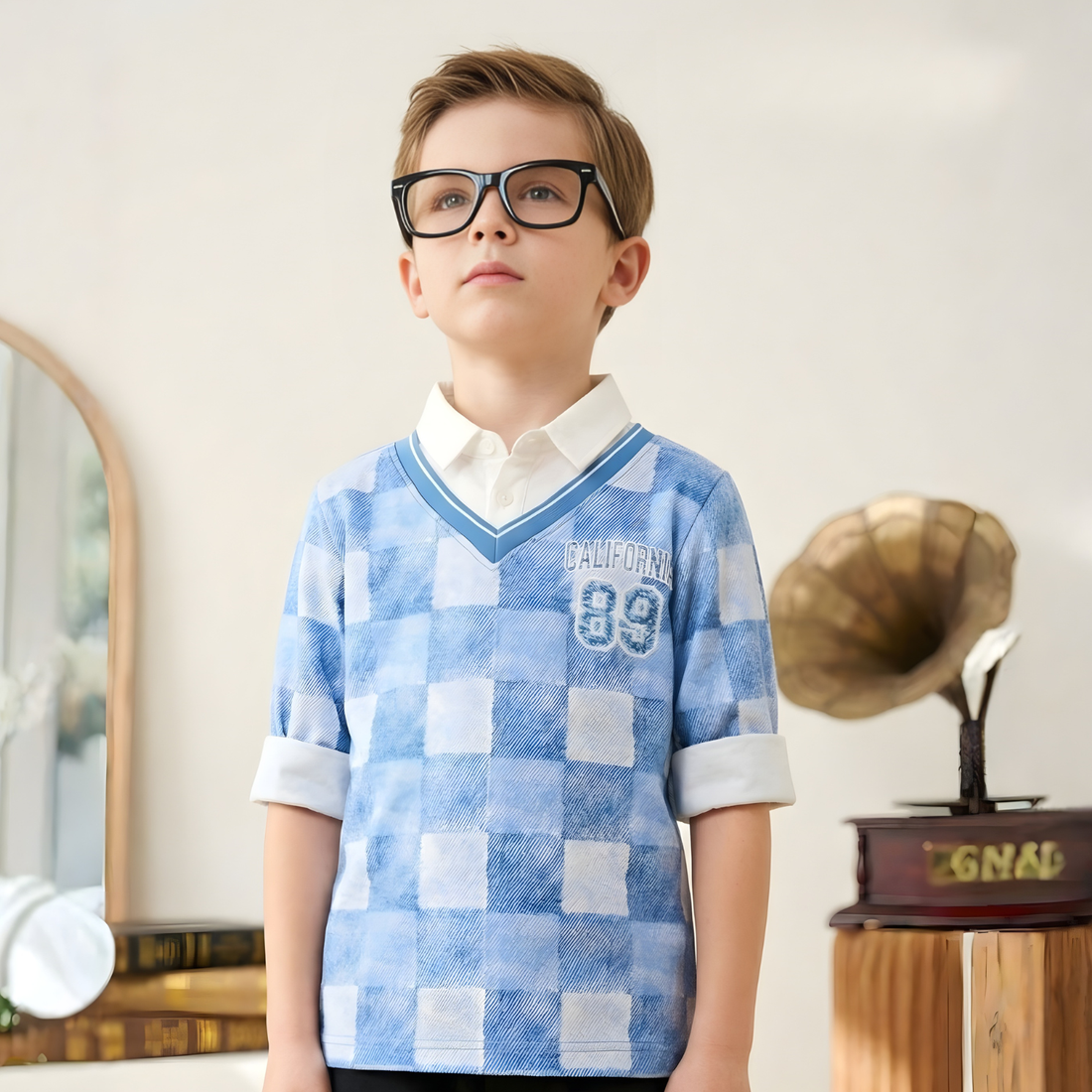 Boys Blue Checked Cotton T- Shirt