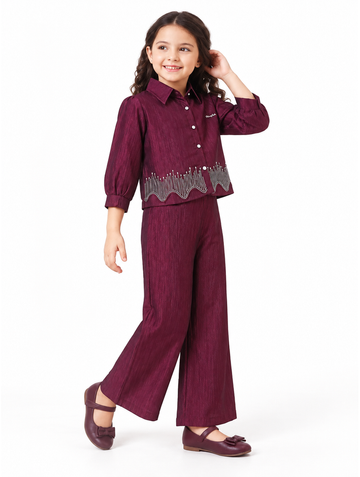 Girls Wine Embellished Shirt and Palazzo Pants Set