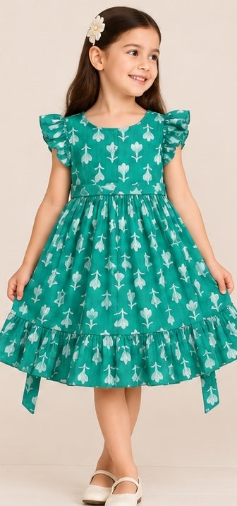 Girls green floral printed tiered cotton frock with ruffle sleeves