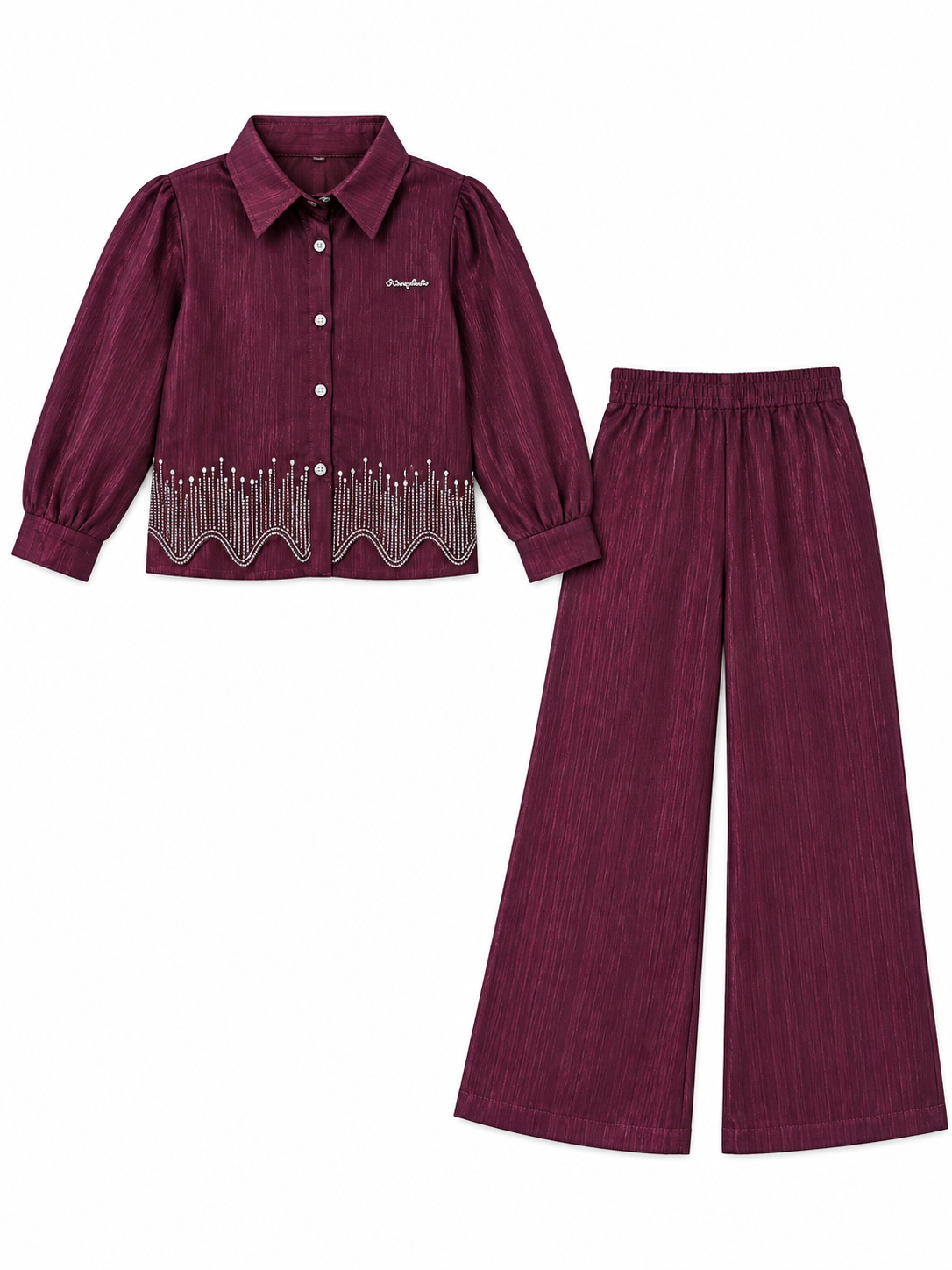 Girls Wine Embellished Shirt and Palazzo Pants Set
