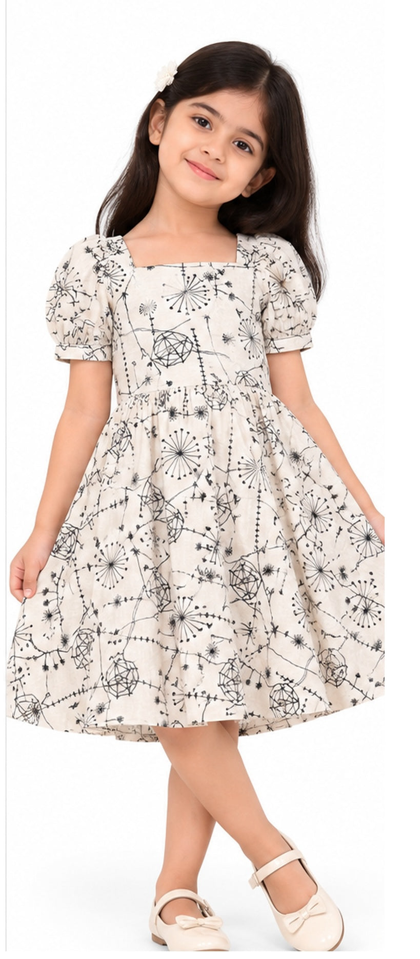 Girls cream and black printed cotton frock