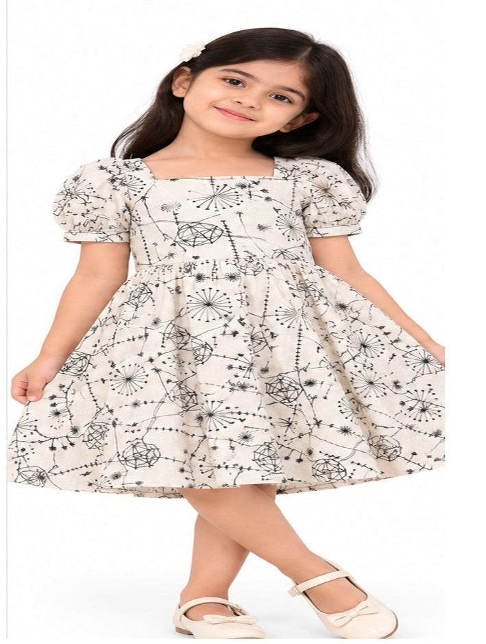 Girls cream and black printed cotton frock